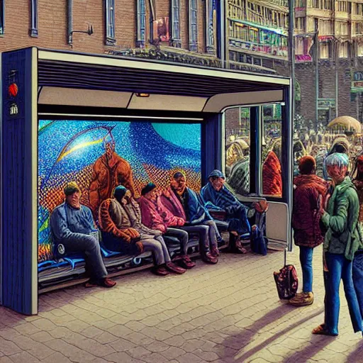 Prompt: people waiting in bus stop, by dan mumford, moebius, yukito kishiro, barclay shaw, octane hyperrealism intricate ultradetailed render with cinematic dramatic light by karol bak and monge and rutkowsky