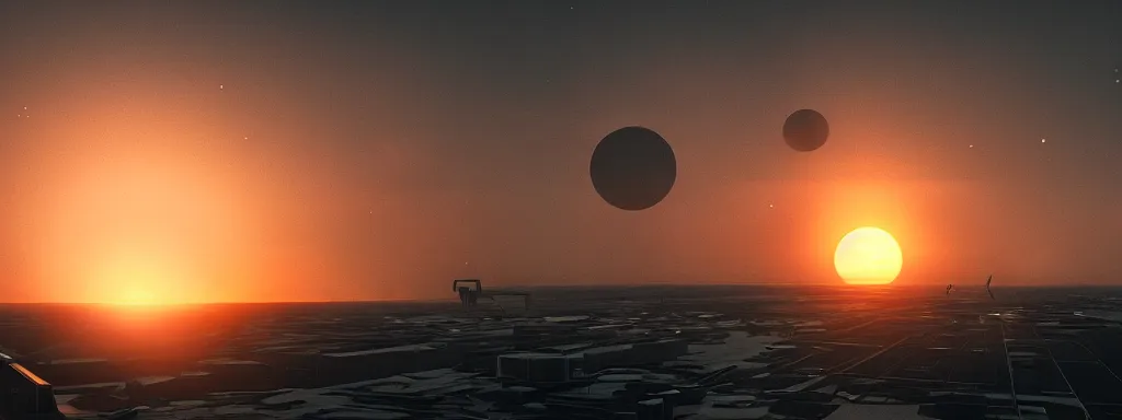 Prompt: extremely large round close golden orange sun in sunset, with sci - fi military spacecrafts in the distance covered in shadow flying towards camera, camera bloom, concept art on artstation, hyperdetailed, vray render, octane render, like apocalypse now movie scene