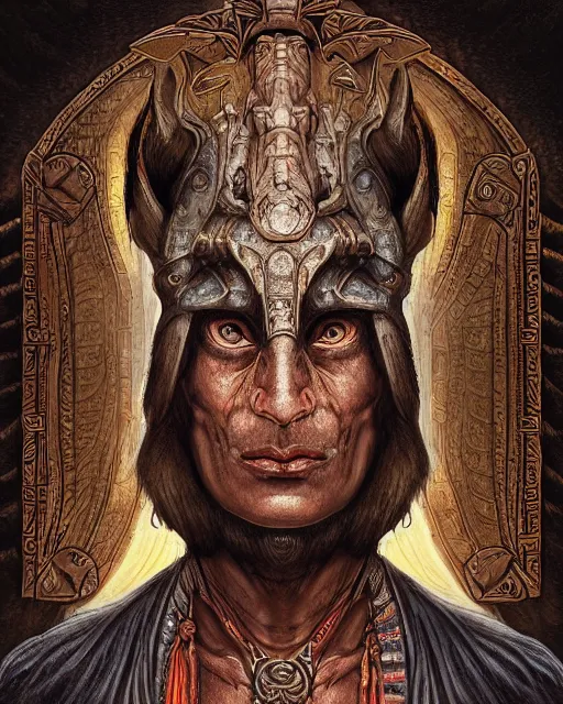 Prompt: digital painting of supay, incan god of death, by filipe pagliuso and justin gerard, symmetric, fantasy, highly detailed, realistic, intricate, portrait, sharp focus, tarot card, face, handsome, peruvian