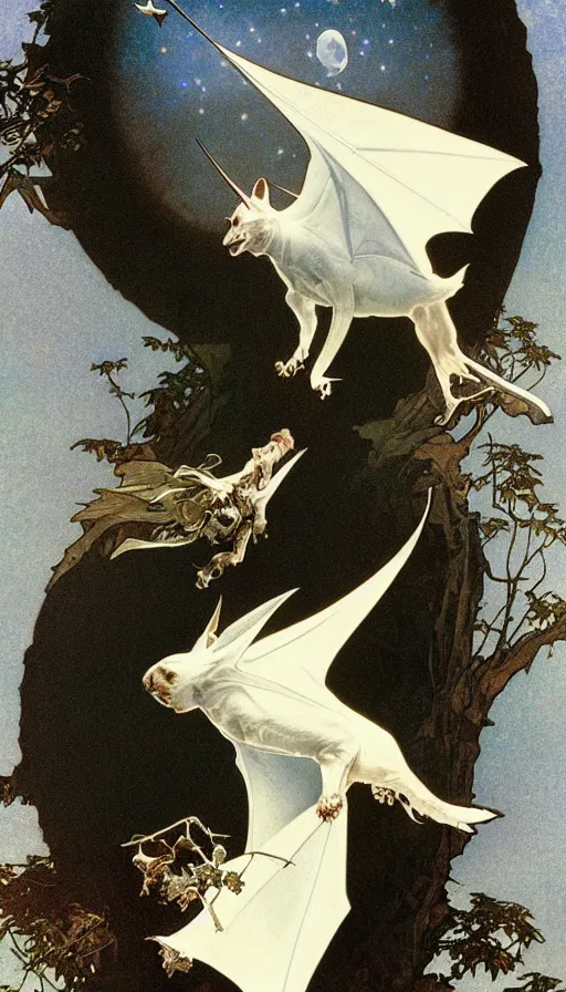 Prompt: hyper realistic white bat, flying against a dark black night sky, mountain in the background, moonlight, denoised, very detailed, painted by, alphonso mucha, norman rockwell, tom bagshaw