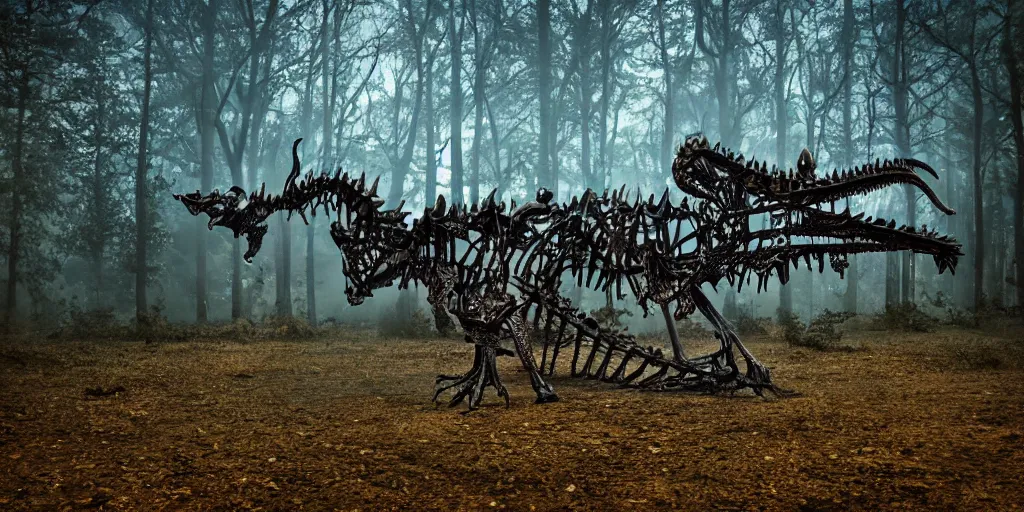 Prompt: mysterious dragon skeleton at night, in the forest