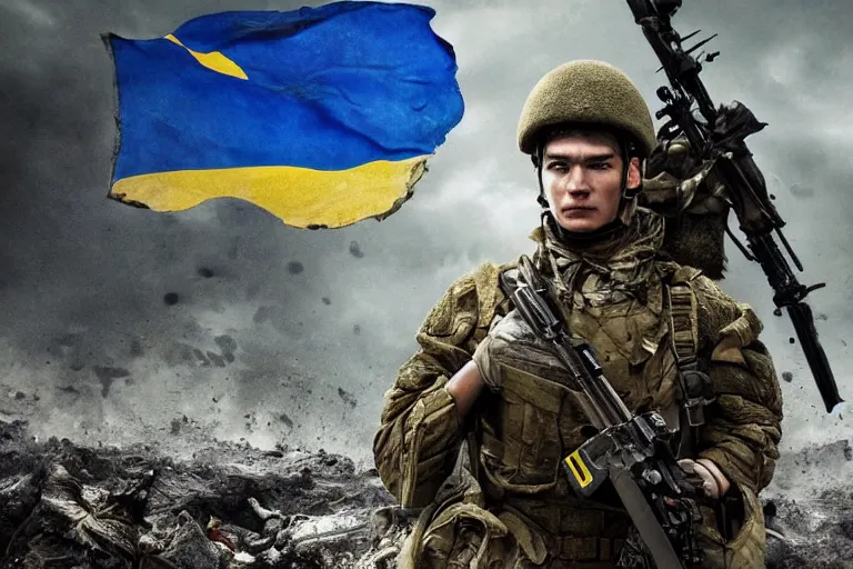 Prompt: promotional image of <Ukrainian fully equiped soldier with blue and yellow flag standing victoriously on a pile of skulls> as <Professional soldiers> in the new movie directed by <Tetsuya Nomura>, <fully equiped professional soldiers>, fantasy, detailed face, movie still frame, promotional image, imax 70 mm footage