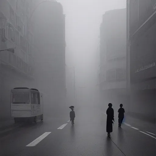 Image similar to hongkong life in a fog morning, by fan ho,