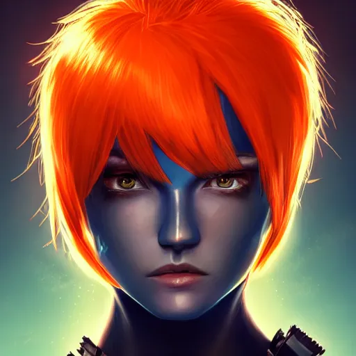 Image similar to illustrated realistic tilted head portrait human female prong-horned with blue bob hair and solid black-eyes wearing strap leather armor, orange glow, backlit by rossdraws