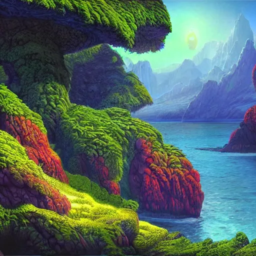 Image similar to digital painting of a lush natural scene on an alien planet by gerald brom. digital render. detailed. beautiful landscape. colourful weird vegetation. cliffs and water.