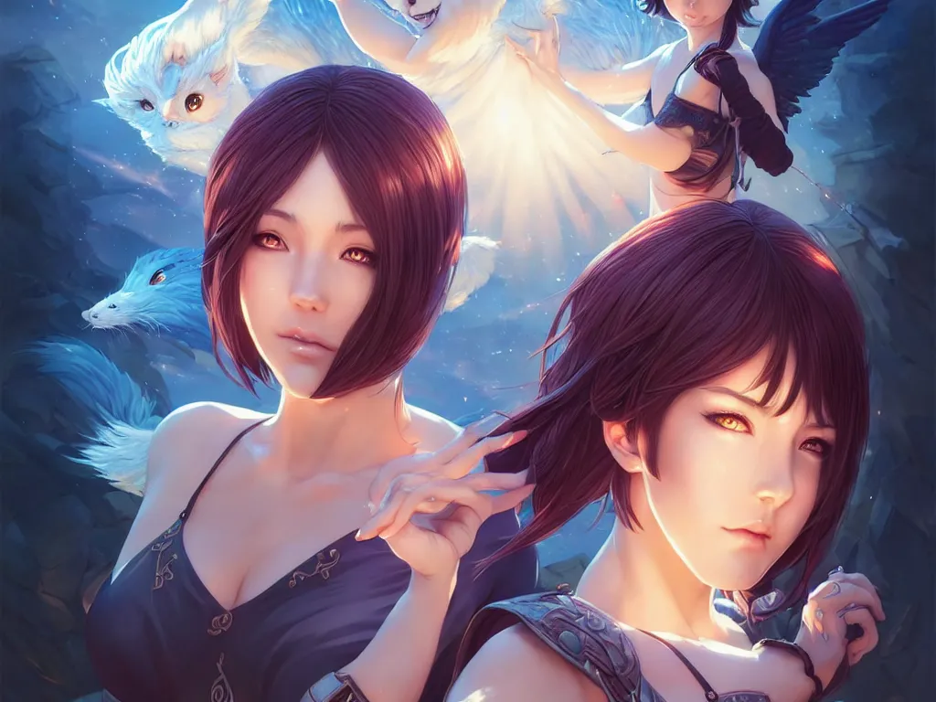 Prompt: lovely summoner girl with their magical animal companions, occlusion shadow, specular reflection, rim light, unreal engine, artgerm, artstation, art by hiroaki samura and ilya kuvshinov and ossdraws, intricate, highly detailed 8 k, fantasy illustration, extremely beautiful and aesthetic shape of face and clothes, movie poster