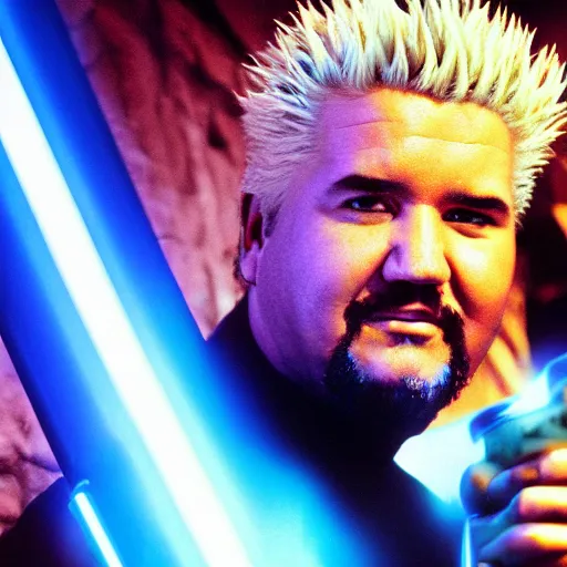 Image similar to desaturated!!!!!!, Guy Fieri in Star Wars, Jedi Knight, blue light saber, cinematic, cinestill 400t film, 35mm lens, by Stanly Kubrick, ultra high quality