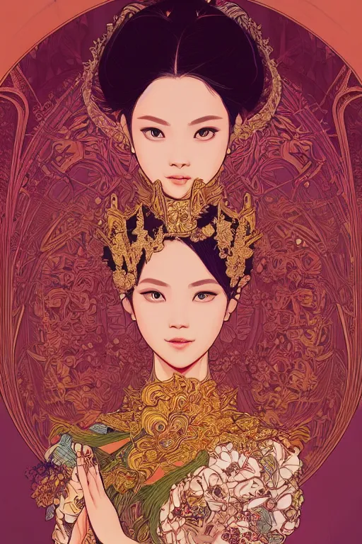 Image similar to beautiful and detailed digital illustration of thai princess by kittichai rueangchaichan and Ilya Kuvshinov, floralpunk, Artstation, art nouveau aesthetic, Alphonse Mucha background, intricate details,concept art, realistic, dramatic