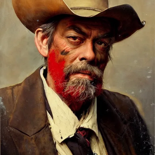 Image similar to Solomon Joseph Solomon and Richard Schmid and Jeremy Lipking victorian genre painting portrait painting of Jack Elam a rugged cowboy gunfighter old west character in fantasy costume, red background