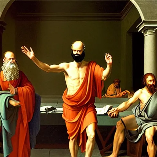 Image similar to socrates wearing a virtual reality headset, renaissance painting