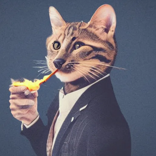 Image similar to an antropomorphic cat wearing a suit smoking a cigar