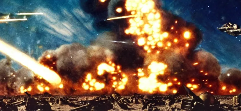 Prompt: a film still of an epic ww 2 space battle, explosions, directed by roger corman, wide angle, rule of thirds, colorful, 4 k, hd, hyperrealistic, 7 0 mm