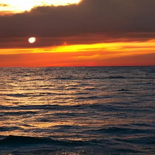 Prompt: sunset on the ocean, water is glowing golden, gold colored glowing water, sun surrounded by blackness, sky completely dark, night sky with stars visible with the sun still on the horizon