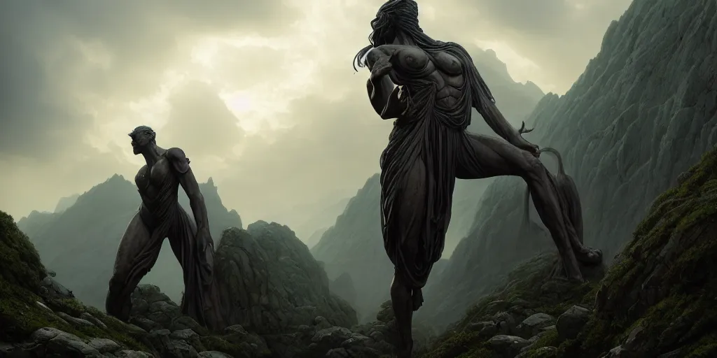 Image similar to colossal statues in the mountains, dramatic lighting, by john howe, weta workshop, colossus, greg rutkowski, artgerm, ross tran, conrad roset, takato yomamoto. 4 k, beautiful, cinematic dramatic atmosphere, matte painting