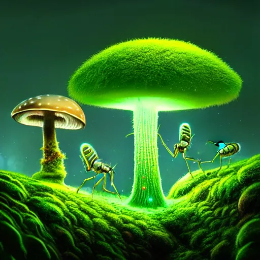 Image similar to a beautiful macro photography of luminescence moss with fungus and neon mushroom with real little bugs and giant ants, hyper detailed, warm volumetric lights, made by gerald brom and mike winkelmann, photorealism