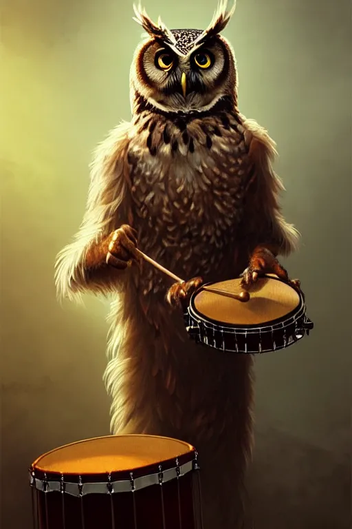 Image similar to portrait of an anthropomorphic owl playing the drums, dramatic lighting, highly detailed, digital painting, artstation, concept art, smooth, sharp focus, illustration, art by wlop, mars ravelo and greg rutkowski