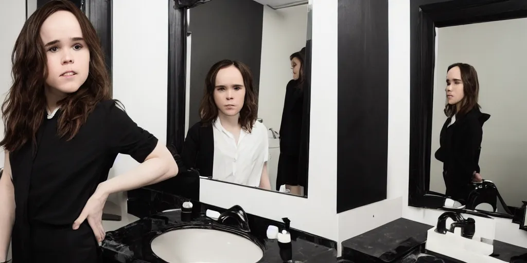 Prompt: ultra wide angle photo of ellen page dressed in a white blouse and black dress pants looks at herself in a bathroom mirror and sees her reflection as a male version of her self