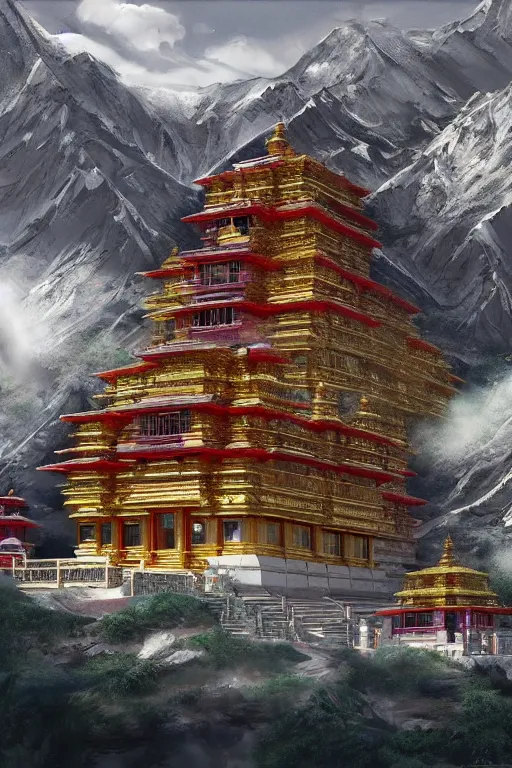 Prompt: Himalayan temple complex, art by Quentin Mabille, trending on artstation, artstationHD, artstationHQ, 4k, 8k