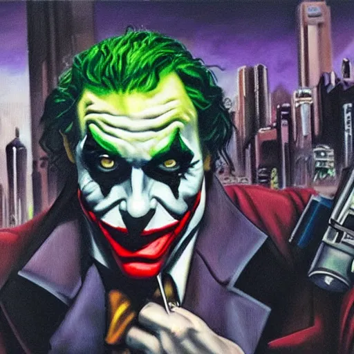 Image similar to oil painting of the joker in cyberpunk gotham city. the joker has a smirk on his face with a grenade in his hand