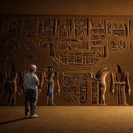 Prompt: realistic render of monsters looking at hieroglyphs, cinematic lighting