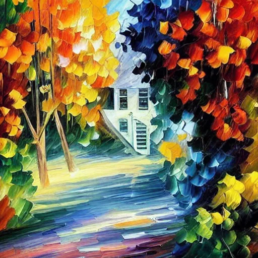 Image similar to a cottage with a garden, leonid afremov