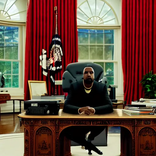 Image similar to photo of kanye west in the oval office, white house, movie still, cinematic, 8 k, unreal engine, 3 d render