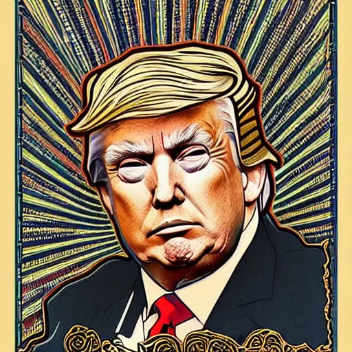 Image similar to detailed art of Donald Trump , by Alphonse Mucha and Gustav Klimt