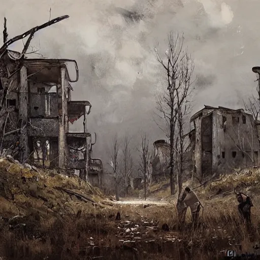 Image similar to painting of a abandoned post soviet town infested with humanoid root monsters by jakub rozalski