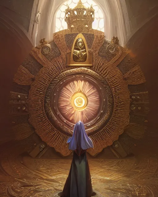 Image similar to highly detailed surreal vfx portrait of a blessed shield in a majestic castle by golden tree, stephen bliss, unreal engine, greg rutkowski, loish, rhads, beeple, makoto shinkai and lois van baarle, ilya kuvshinov, rossdraws, tom bagshaw, alphonse mucha, global illumination, detailed and intricate environment