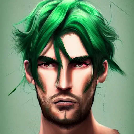 Image similar to a man with green hair, digital art, trending on artstation