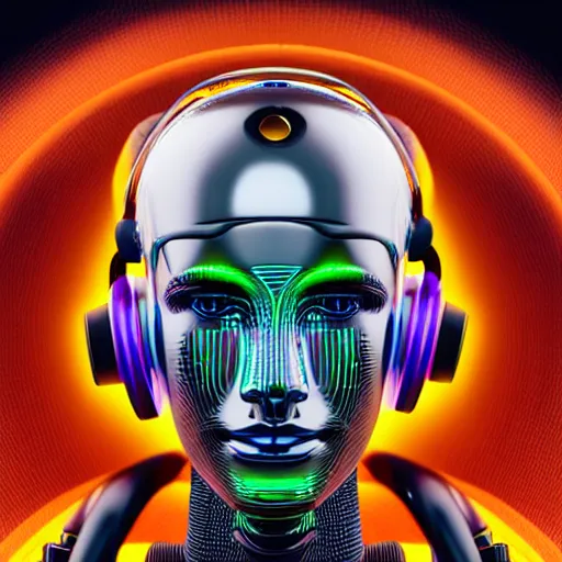 Image similar to a glossy claymodel of a tribal futurism robot head with glowing headphones, 8 k, symetrical, flourescent colors, halluzinogenic, multicolored, very detailed, black background, 3 d render,