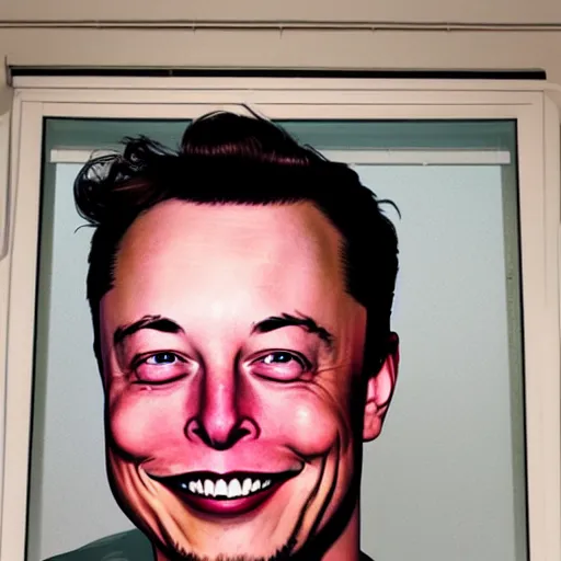 Image similar to photograph at night of elon musk smiling creepily through your bedrooms window, midnight, bedroom, dark outside, night sky, horror art,