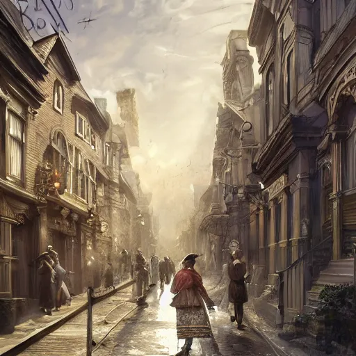 Image similar to street of victorian city, happy, a lot of people, realistic, 8 k, detailed, concept art, trending on artstation