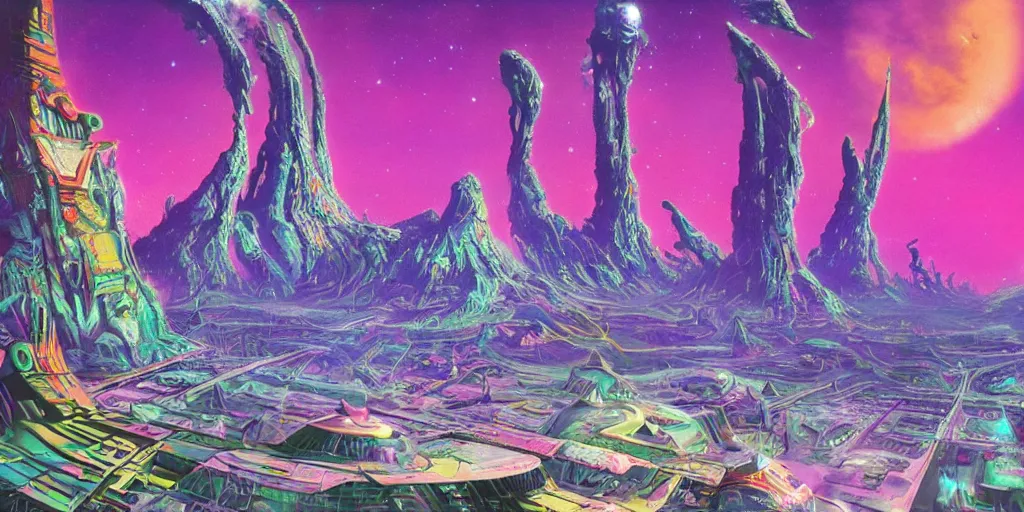 Image similar to a psychedelic retro sci fi city in space by roger dean, digital art, trending on artstation, 4k