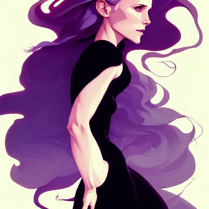 Prompt: style artgerm, joshua middleton, phil noto, beautiful kristen bell with black dress, very long white hair, symmetrical face, symmetrical eyes, purple fire powers fire swirling, detailed, forest setting, cinematic lighting