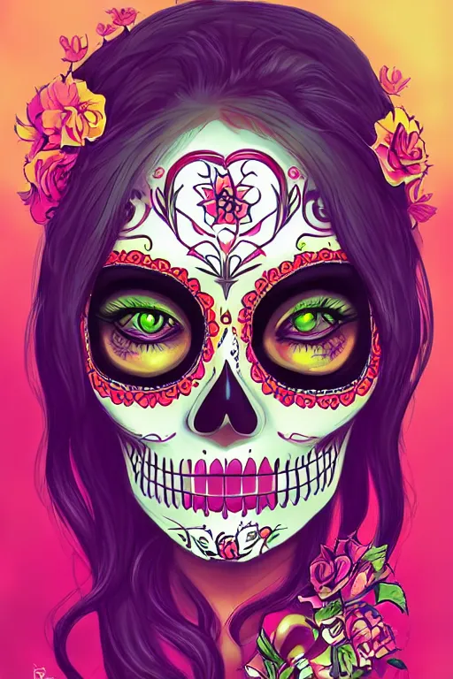 Image similar to Illustration of a sugar skull day of the dead girl, art by ross tran