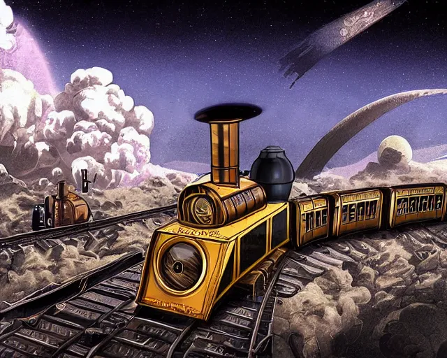 Image similar to steampunk train in space, digital Art, Rendering