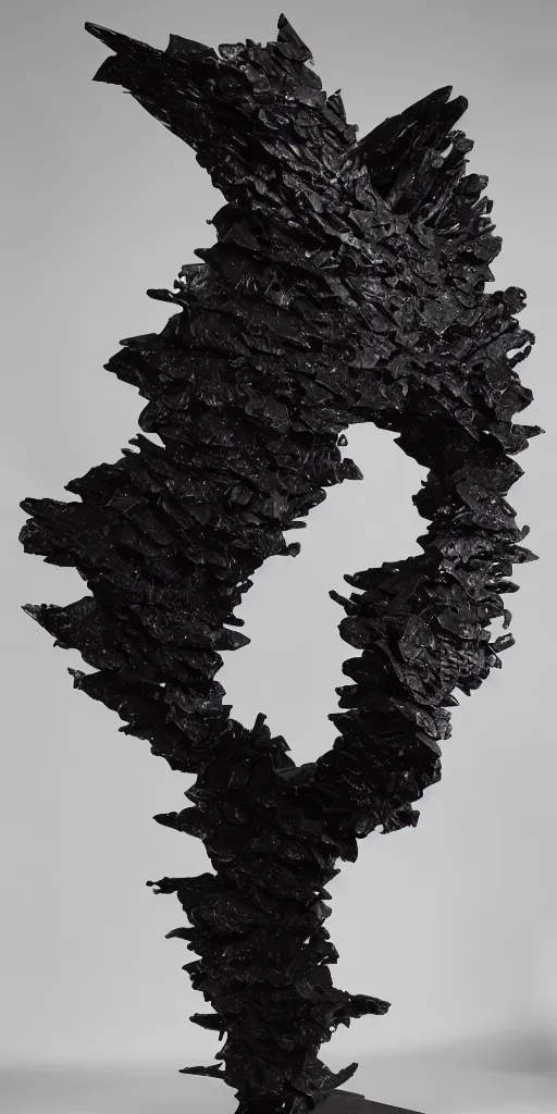 Image similar to ASYMMETRICAL brutalist black metal winged abstract sculpture made of glossy black liquid latex and industrial hardware, sharp irregular shapes, designed by nancy grossman, anish kapoor, herman nitsch, 8k hyperrealistic, hyper-detailed, highly textured, dark volumetric lighting