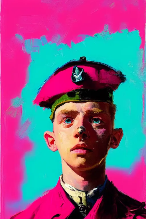 Image similar to portrait of a young soldier boy nor living in a death postapoliptic world, painted in acrylic, in the colors hot pink and cyan, beautiful realistic face, rule of thirds, dutch soldier outfit, spotlight, by greg rutkowski, by jeremy mann, by francoise nielly, by van gogh, digital painting