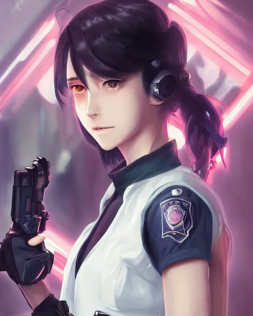 Prompt: anime key visual of a young female police officer, neon, cyberpunk, futuristic, white clothing, black vest, stunning, highly detailed, digital painting, artstation, smooth, soft focus, illustration, art by artgerm and greg rutkowski and alphonse mucha