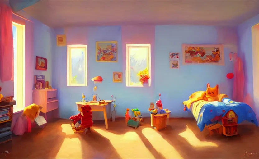 Image similar to happy morning and the rays of the morning sun shining through the window of kid's room in the village house clear sky, warm colors, happy mood, oil painting, high detail, trending on artstation