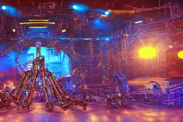 Image similar to stage from the show america got talent, on stage are 4 golden and blue metal humanoid steampunk robots falling apart, robots are wearing gears and tubes falling apart, eyes are glowing red lightbulbs, shiny crisp finish, 3 d render, 8 k, insaneley detailed, fluorescent colors, nightlight