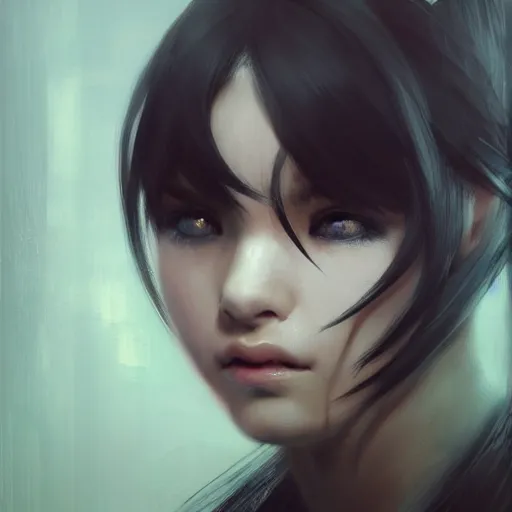 Prompt: a cute girl by ruan jia, closeup headshot, black horsetail hair, black eyes