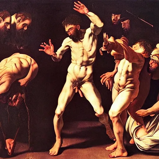 Prompt: the end of man painting with 2 1 savage in the middle apocalypse by caravaggio