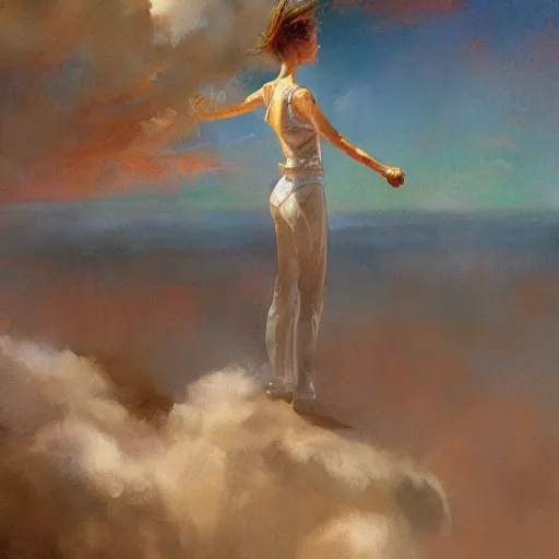 Prompt: woman stands on land that floats amongst the clouds, by jon foster