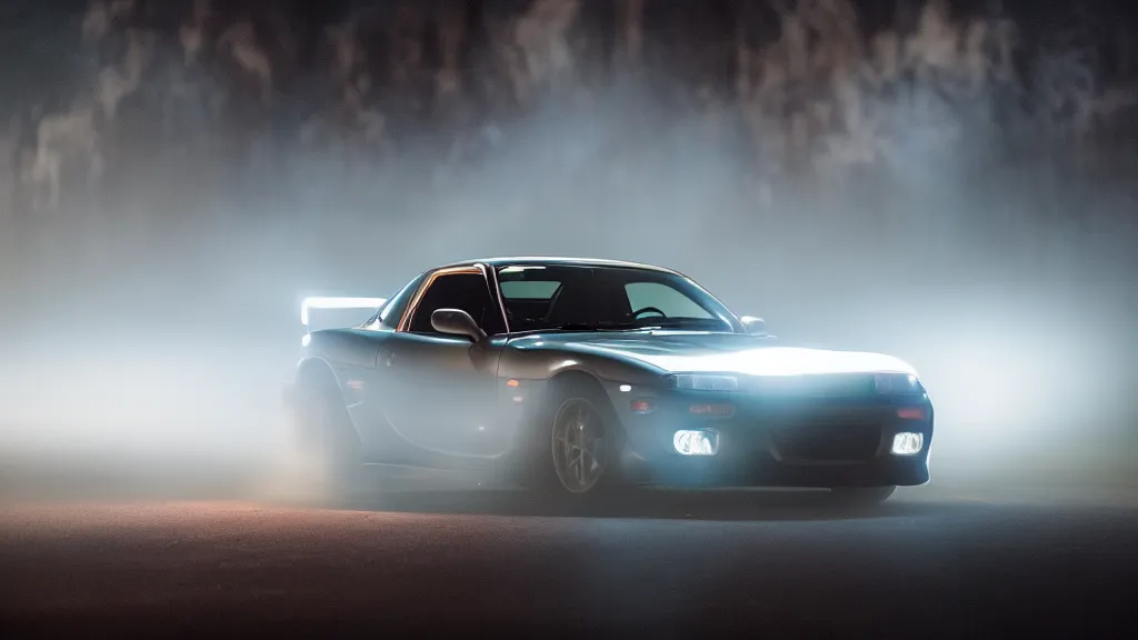 Image similar to a jdm mazda rx - 7, cinematic, long exposure, white balance, 8 k, led, lumen global illumination, fog, ray tracing reflections