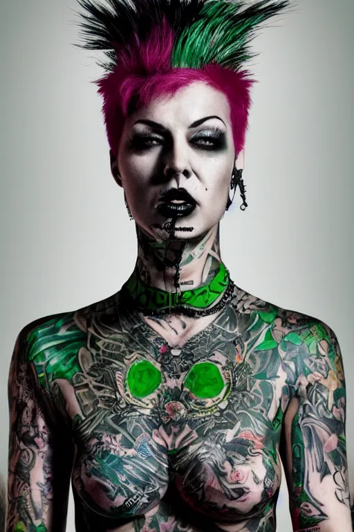 Image similar to upper body portrait punk woman with green mohawk, covered in goth style tattoos, wearing a bold tees shirt, fishnets and a long tartan skirt, intimidating, max details, hyperrealistic, photorealistic, ultra - realistic, ultra - detailed, cinematic, 8 k resolution by alan lee