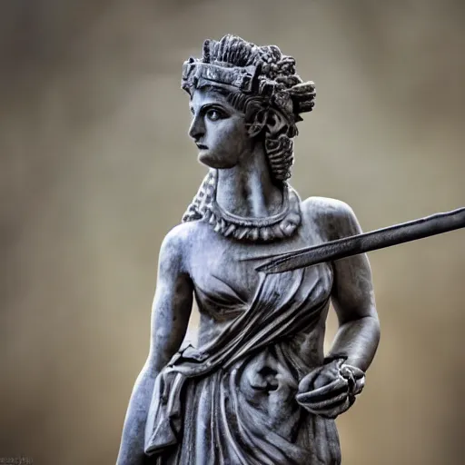 Image similar to Athen goddess of war staring at her small owl, she has a spear in her hand. macro 50mm leica noctilux wide angle lens photo.