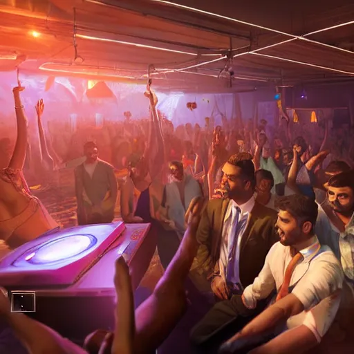 Image similar to an indian businessman dj in nightclub, people dancing in background, anatomy, bathed in light, highly detailed, photorealistic, artstation, smooth, sharp focus, illustration, unreal engine 5, 8 k, art by artgerm and greg rutkowski and edgar maxence