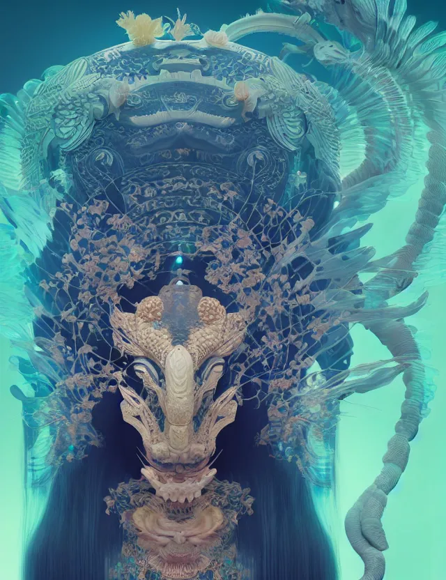 Image similar to 3 d goddess close - up frontal portrait with ram skull. beautiful intricately detailed japanese crow kitsune mask and clasical japanese kimono. betta fish, jellyfish phoenix, bio luminescent, plasma, ice, water, wind, creature, artwork by tooth wu and wlop and beeple and greg rutkowski